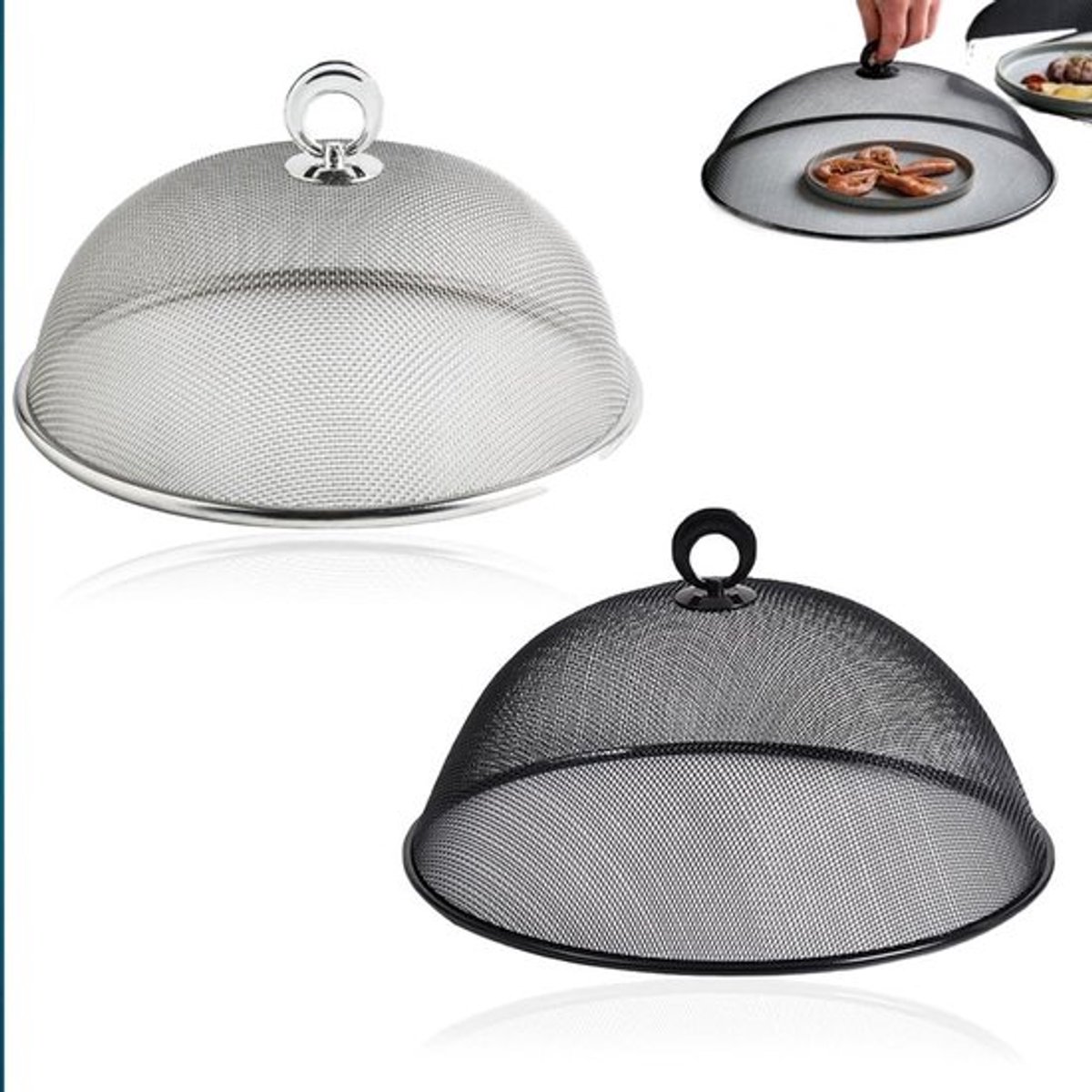Ronde voedseldeksel set van 2, roestvrijstalen vliegenbescherming, herbruikbaar met handvat voor keuken en picknick, ideaal voor voedselbescherming en buitengebruik