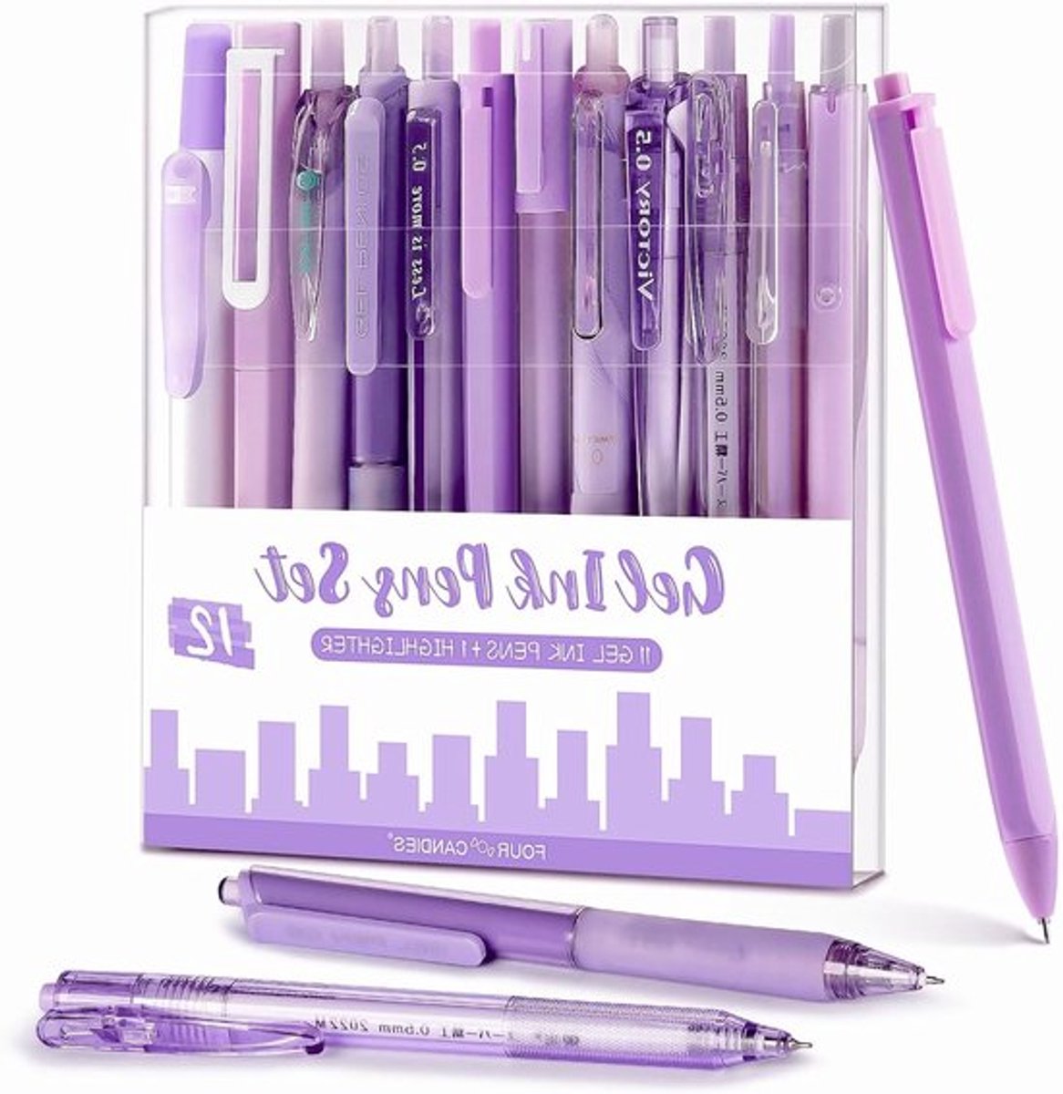 Set van 12 pastel gelpennen, 11 zwarte pennen en 1 markeerstift met retractable 0.5mm fijne punt voor creatief schrijven en tekenen