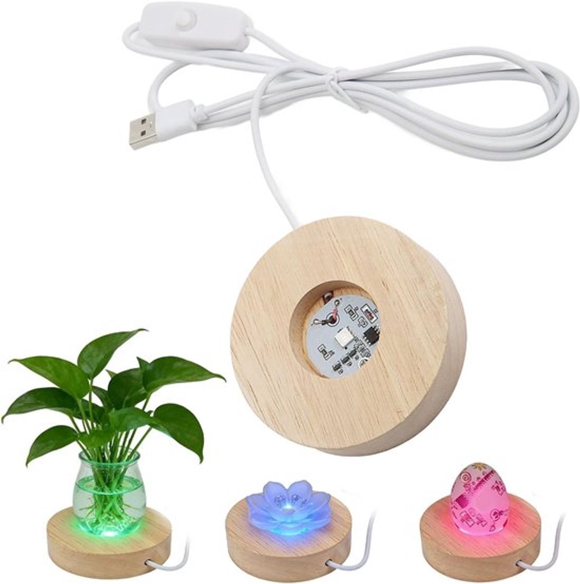Kleurrijke LED Lampenstandaard met USB Aansluiting, 8cm Diameter, Houten Basis voor Kristallen Kunst en Sieraden