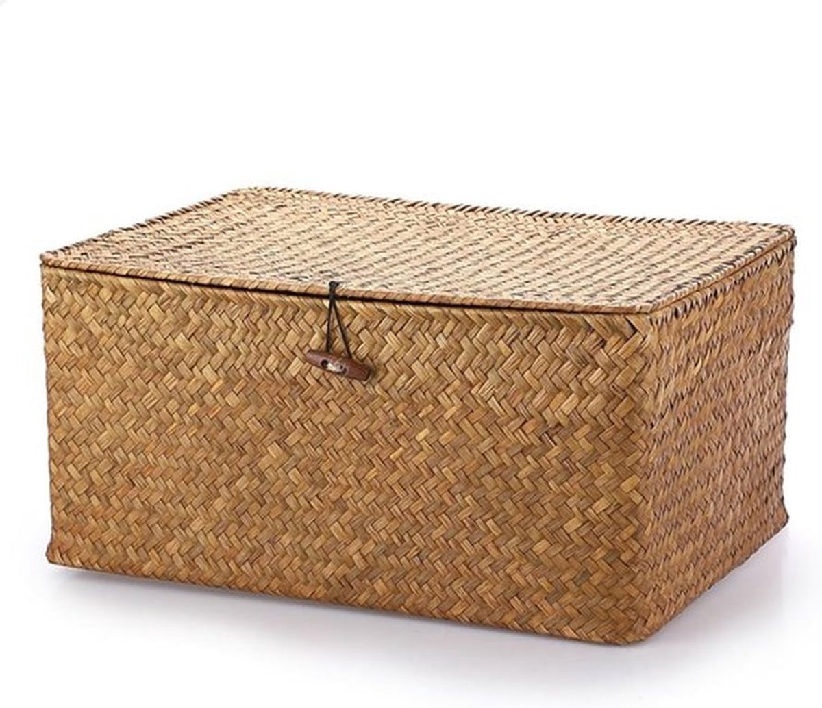 Vierkante Wicker Opbergmand met Deksel voor Badkamer en Woonkamer - Decoratieve Oplossing voor Onder de Plank en Veelzijdige Opberging (Caramel, XL)