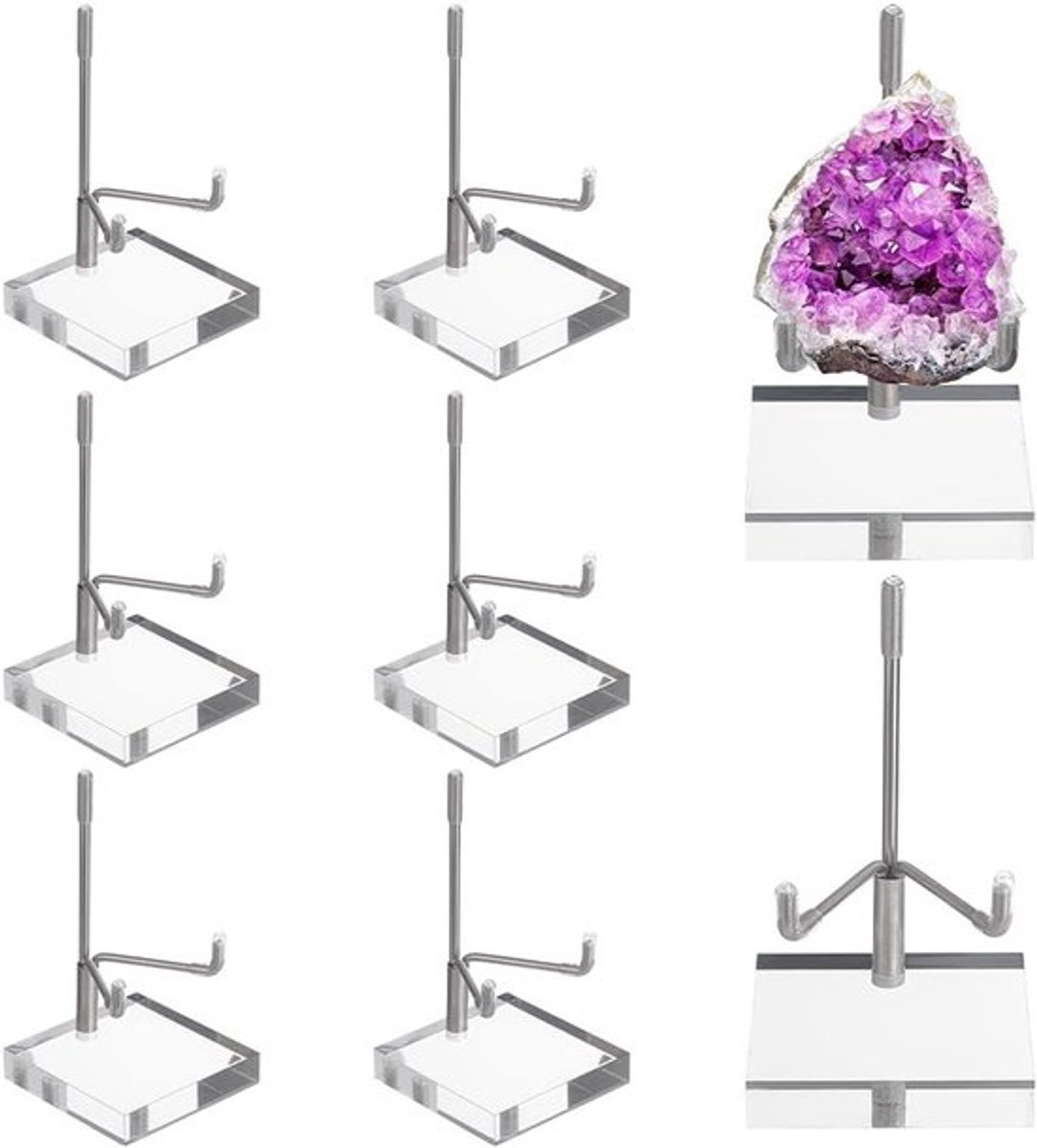 8 Stuks Verstelbare Metaal Arm Display Stand met Vierkante Acryl Basis voor Rhinestone, Geoden en Mineralen