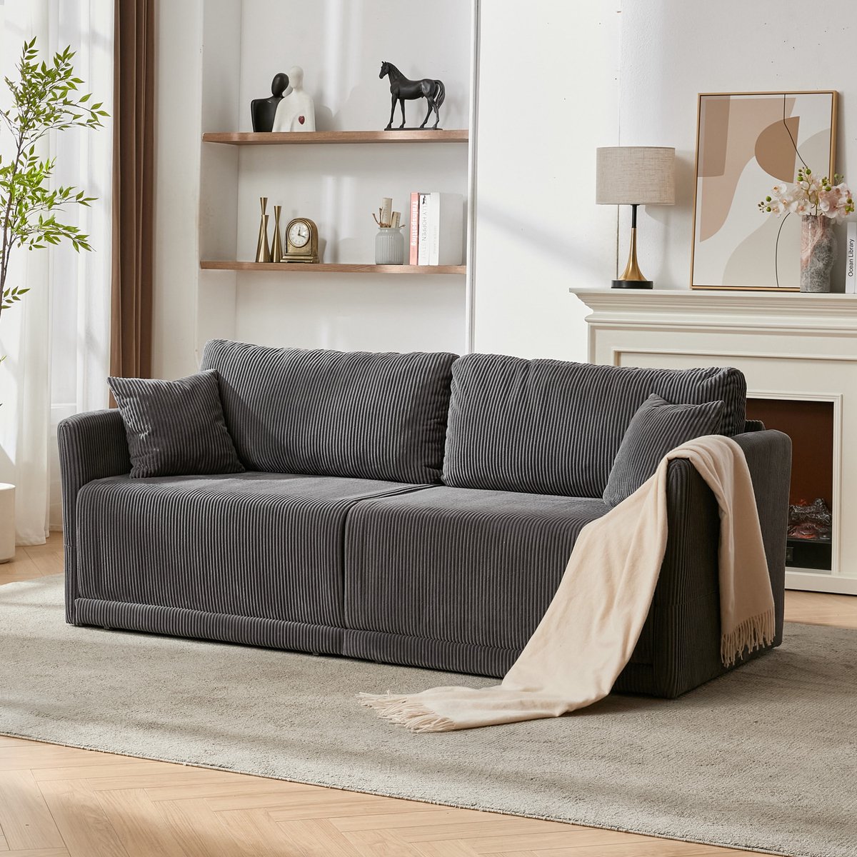 MEUNIQ 2-zits slaapbank 182 x 88 x 84 cm in grijs corduroy met metalen frame en houten armleuningen voor woonkamer, kantoor en studio