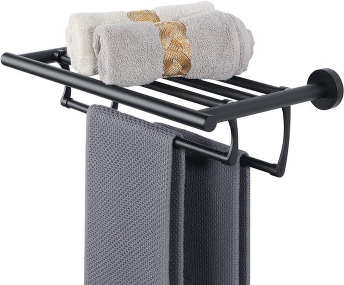 Handdoekhouder met Plank 40CM - Wandgemonteerde Handdoekrek met Dubbele Stang - Vouwbare RVS Handdoekhouder in Mat Zwart voor Badkamer en Keuken