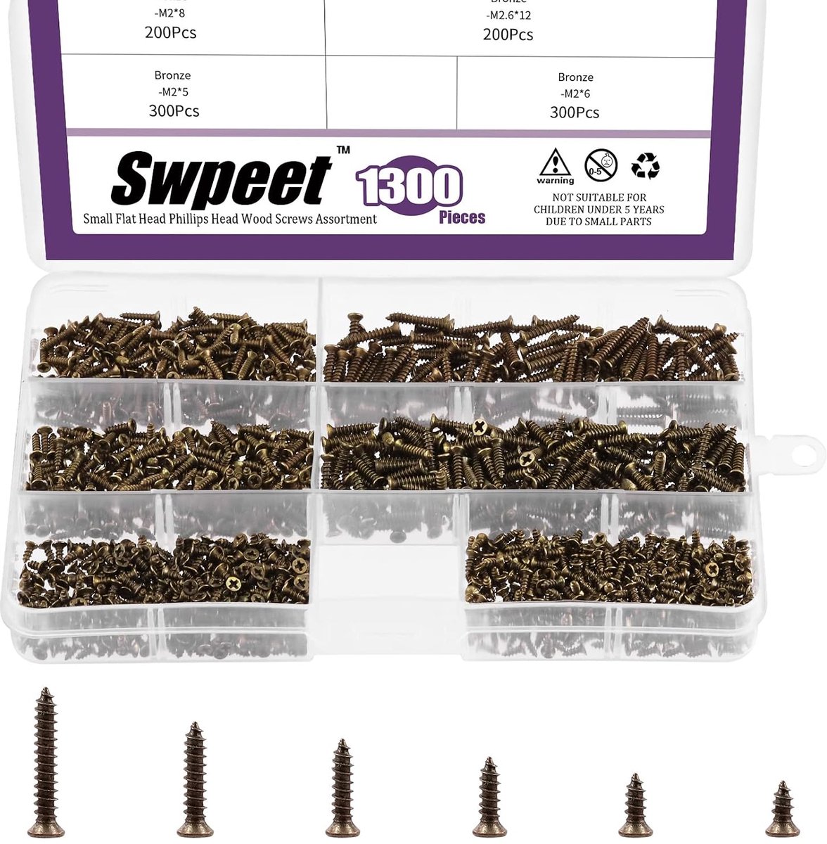 SnelShoppen - 1295pcs Kleine Houtschroeven Set, Zelfborende Platte Phillips Schroeven, Zelftappende Schroeven, Metaal- en Meubelschroeven Assortiment,