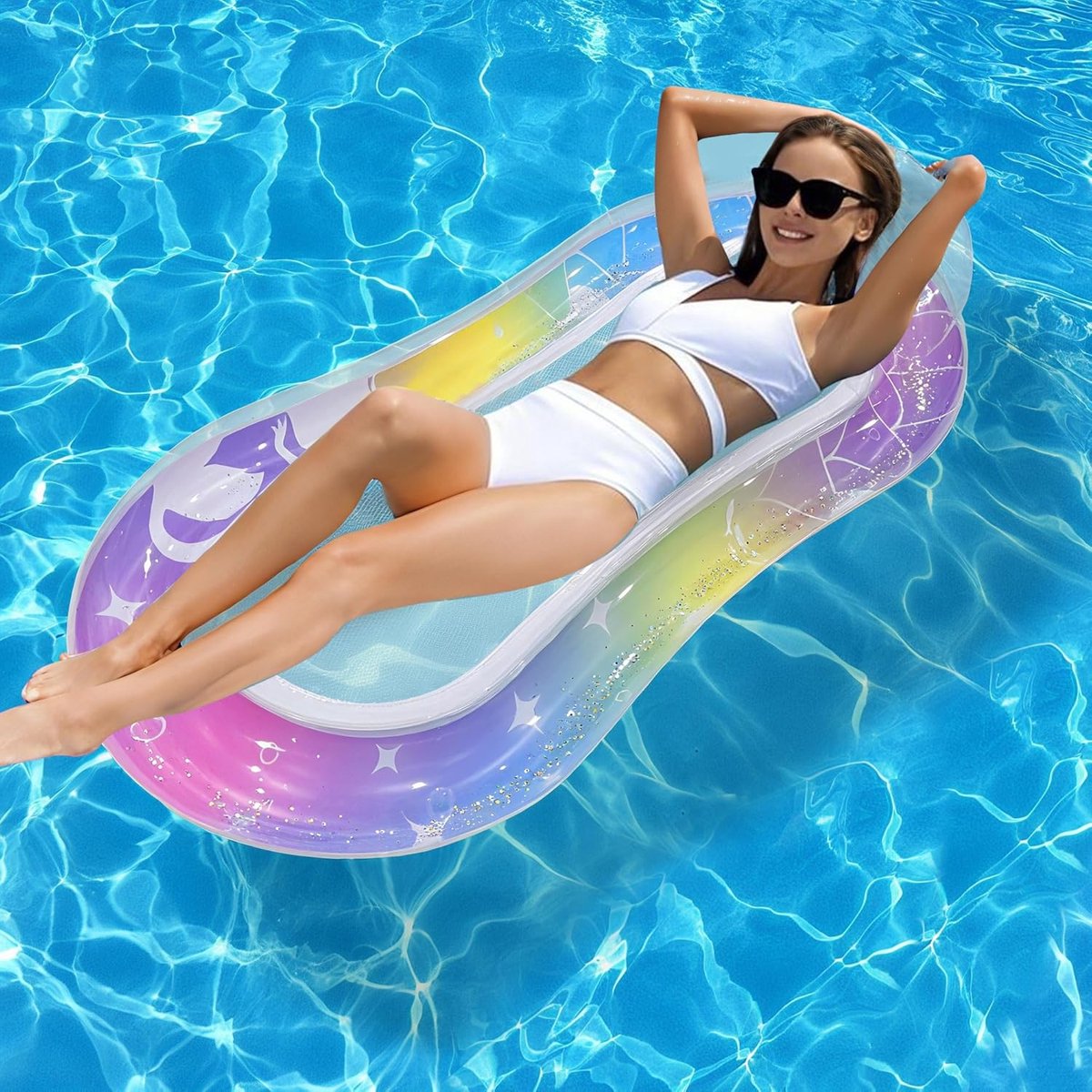 Opblaasbare Zwemstoel - Opblaasbare Pool Float Volwassene - Zwemstoel met Rugleuning en Mesh Zitting - Drijvende Ligstoel voor Zwembad - Opblaasbare Waterstoel voor Strand Meer en Vakantie - Max. 210 kg