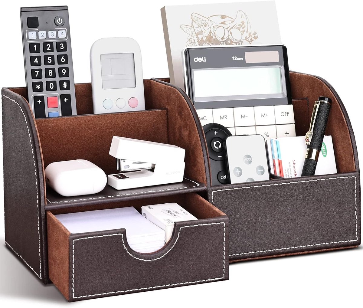 SnelShoppen - PU Leren Bureau Organiser, Pennen Houder Set, Desk Tidy voor Kantoor, Bruin, 28x14.5x14.5 cm, Stijlvol en Duurzaam, Perfect voor Thuis e