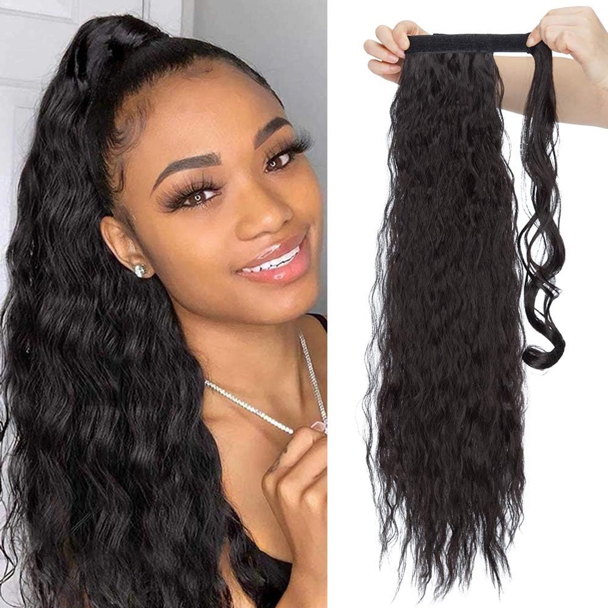 Ponytail Clip in Ponytail Braid Extension - 66cm Natuurlijk Zwart - Wavy - Voor een Volumineuze Look - ShopVlot