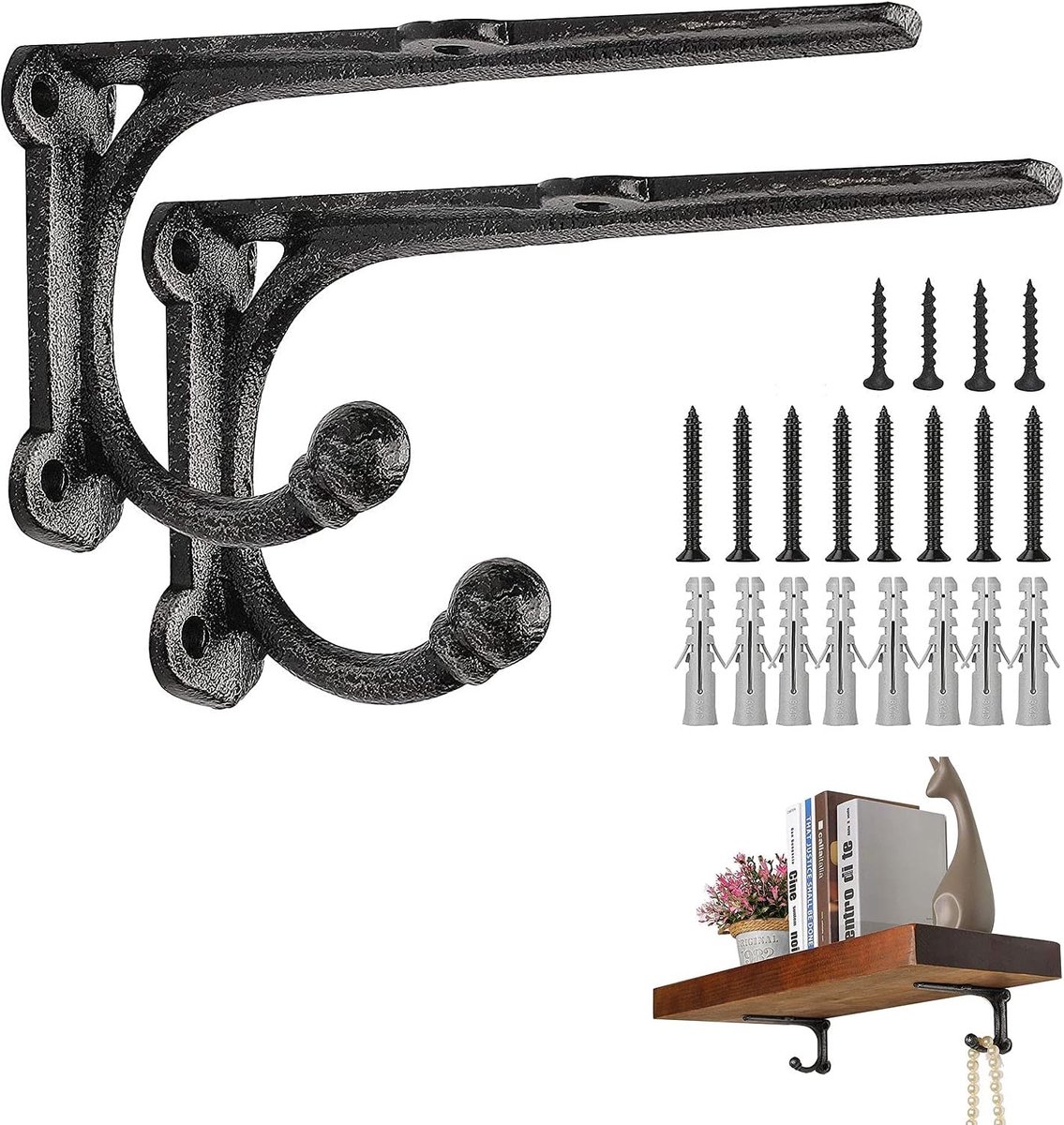 SnelShoppen - Rustieke Planksteunen en Ondersteuningen, Zwarte Plankbeugel met Haak, Stevige Planksteunen 15 x 8.5 cm - Set van 2 voor Keuken, Woonkam