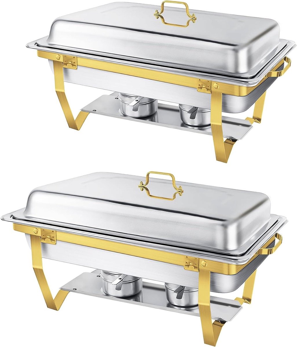 Buffet Warmhoudset - Voedselwarmer Set - Feestelijke Buffet - Afgeronde Randen - 9 Liter - Goud