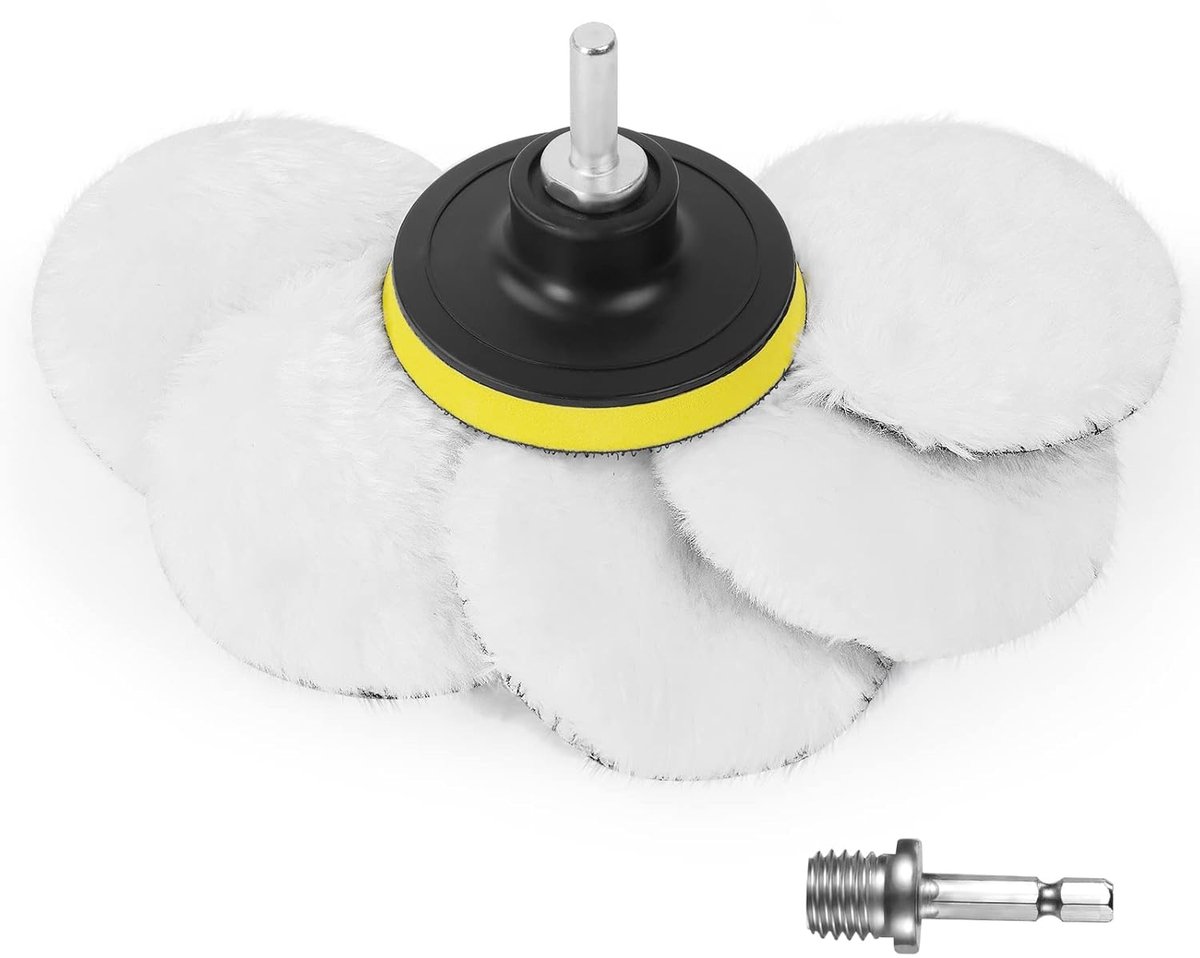 SnelShoppen - Wool Polishing Pad Set 5 Stuks 80 mm Polijstschijf met 2 Booradapter Connectors (Rond+Hexagonaal) en 1 Zuignap, Polijstset voor M10 Boor