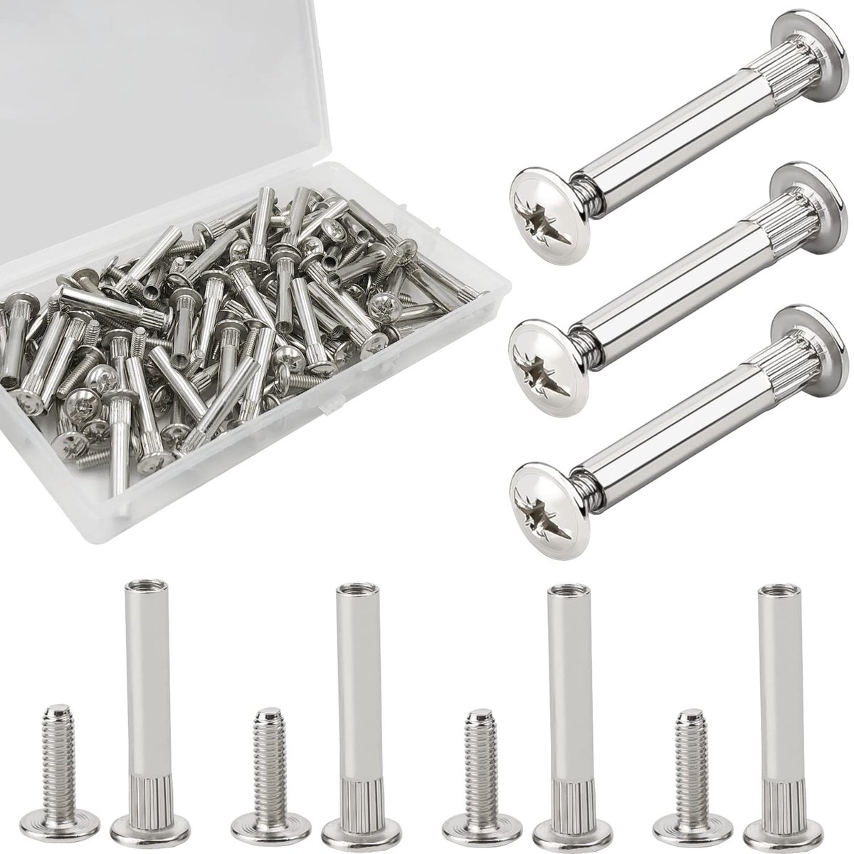 SnelShoppen - Furniture Connector Schroeven 60 Stuks M4 x 31-40 mm Stalen en Vernikkelde Kastenverbinder Schroeven voor Meubelverbindingen