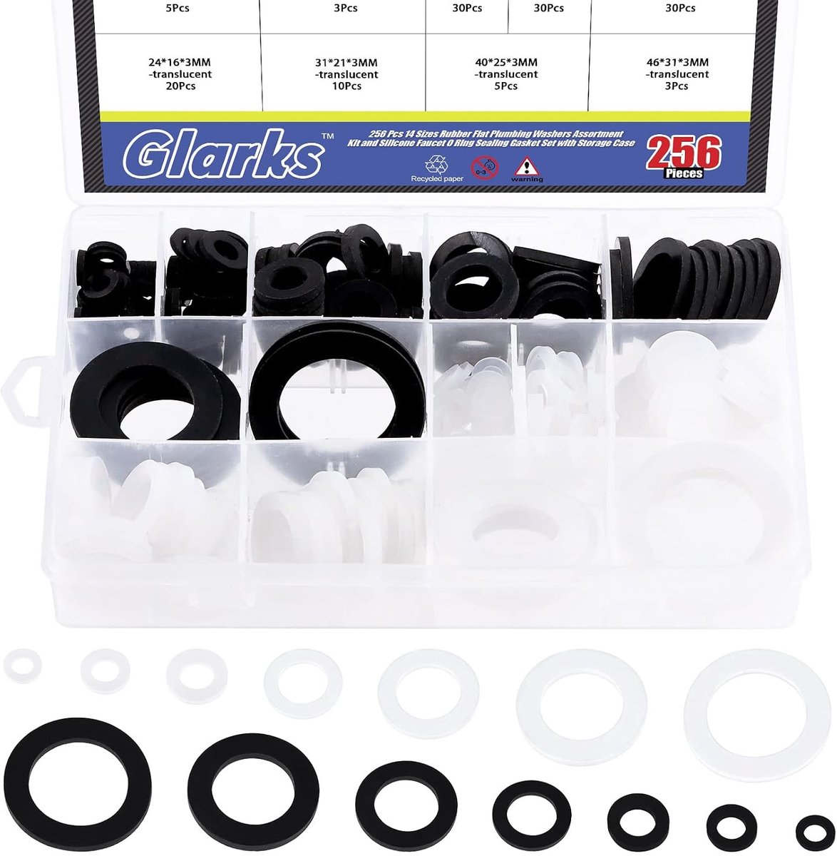 SnelShoppen - Glarks 256Pcs 7 Maten Sanitaire Rubber Washers en Silicone O Ring Platte Pakking Assortiment Kit voor Kraan, Tuinslang, Douchekop en Ven