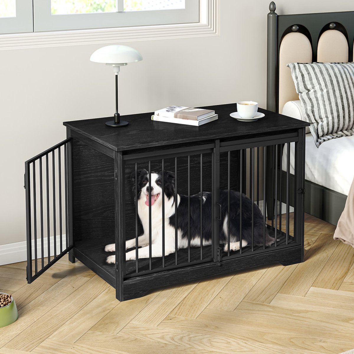 Hzuaneri 100cm Hondenbench, meubel, hondenbox, 2 deuren, modern hondenhok voor kleine, middelgrote, grote honden, bijzettafel, hondenhuis voor thuis, 60 x 100 x 68 cm