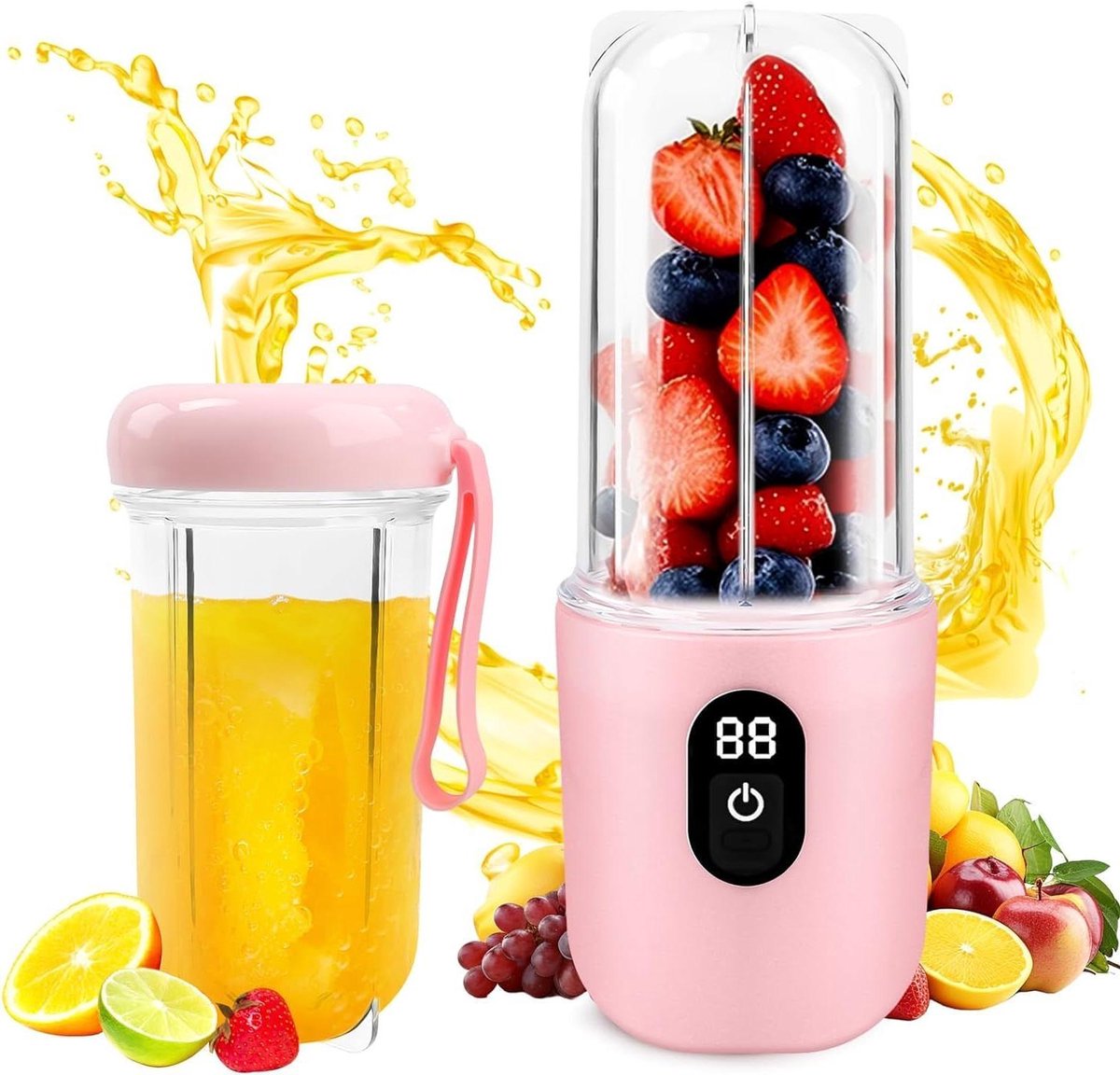 Draagbare Mixer - Elektrische Citruspers - Onderweg Smoothies - Digitaal Display - 500 ml - Roze