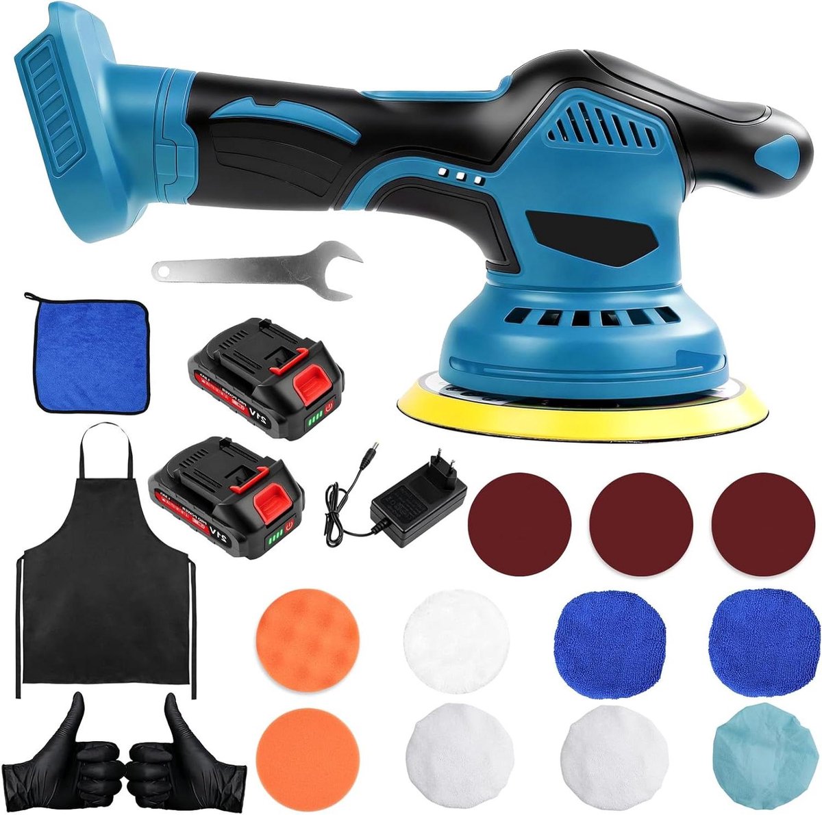 Accu Polijstmachine - Excentrische Polijster - Autolak Verzorgen - 8 Versnellingen Digitaal - 150 mm Schijf - Blauw