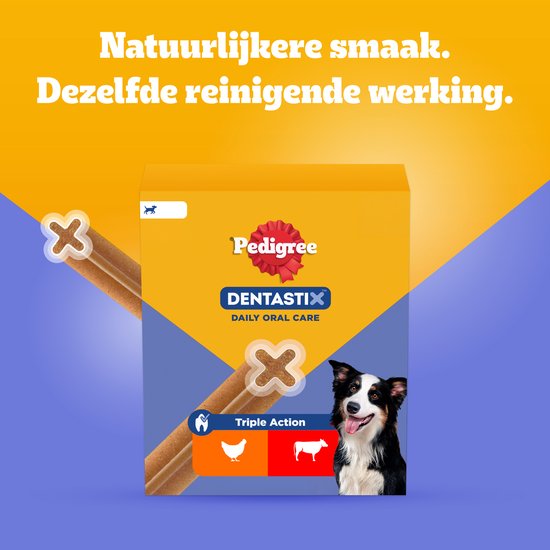 Doos Pedigree Dentastix Daily Oral Care en kauwstaven. "Natuurlijkere smaak. Dezelfde reinigende werking."