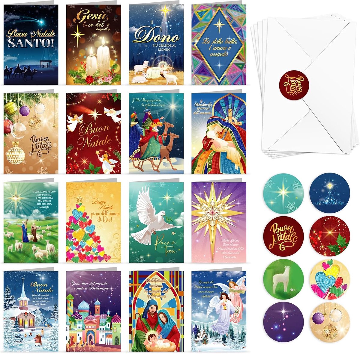 SnelShoppen - 24 Kerstkaarten met Enveloppen, Creatieve Acquarel Ontwerpen, Niet Vouwbare Wenskaarten voor Kerstmis, Perfect voor Feestdagen en Gelukk