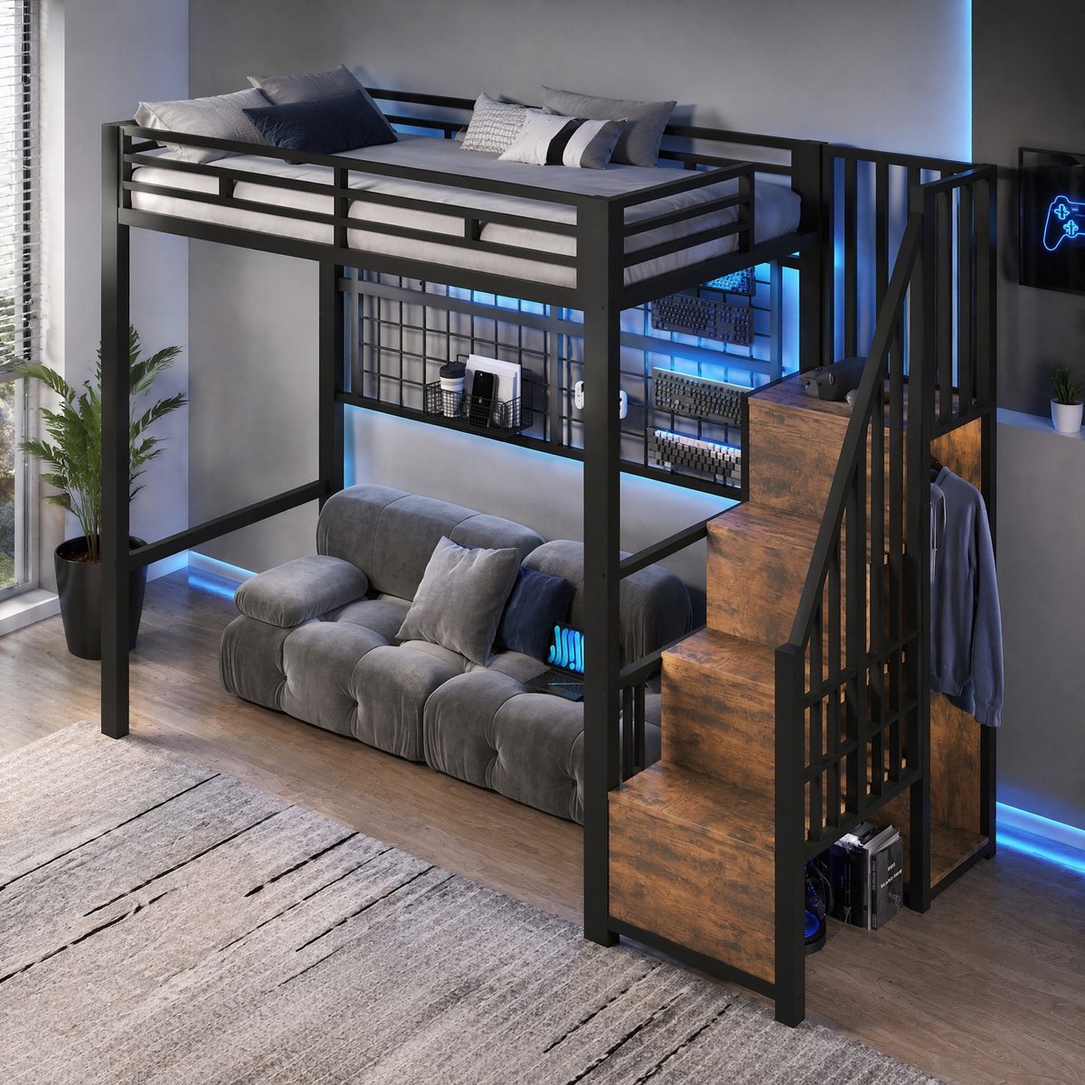 REDOM - Hoogslaper - Met opbergleiding en hangrooster - Met LED-verlichting - Metaal - Zwart - 253 x 94,5 x 170 cm - Zonder matras