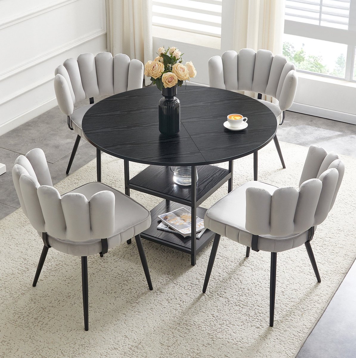 REDOM - Set tafel en stoelen - Ronde eettafel met dubbele opbergniveaus - 4 eetkamerstoelen - Industrieel - Woonkamer - Hout en metaal - Zwart en lichtgrijs - 107 cm