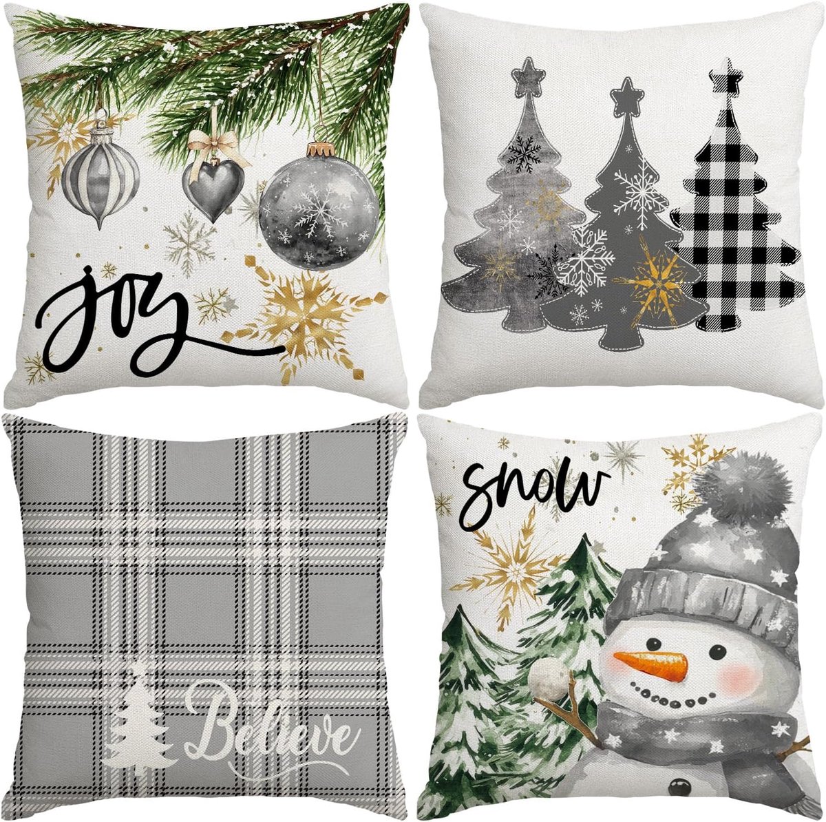 SnelShoppen - Kerst Kussenhoezen Set van 4 - Decoratieve Kussenhoezen 50 x 50cm - Grijze Buffelruit - Kerstboom en Sneeuwman - Perfect voor Bank en Fe