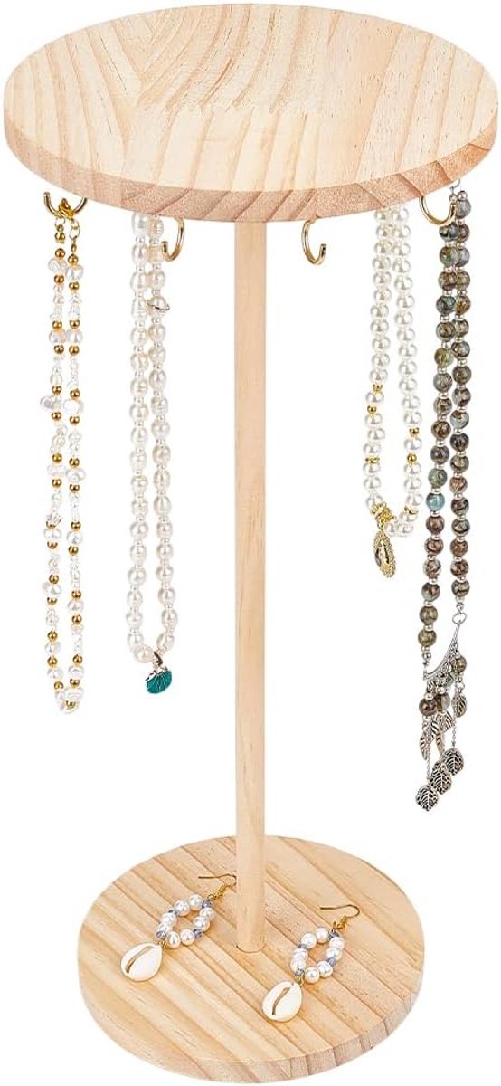 SnelShoppen - 18 Haken Houten Ketting Display Stand 39.5 cm Hoog Rotating Sieraden Organizer Houten Display Toren voor Armband Necklaces Oorbellen Sie