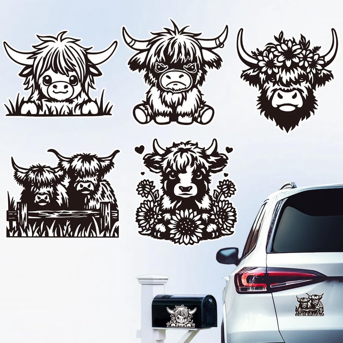 SnelShoppen - 5 Stuks Highland Cattle Auto Stickers Reflecterend Dieren Decals Waterdichte Decoratie voor Auto, Truck, Muren, Laptop, Vivid Koeien met