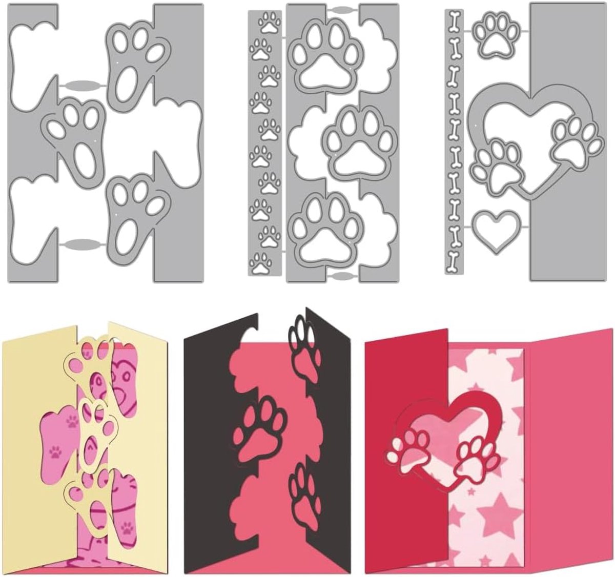 SnelShoppen - Hondenpootafdrukken Stansvormen voor Papierknutselen, Metalen Sjablonen, Dierenpoot Frame voor Scrapbooking, Hart en Bot Motieven, Perfe