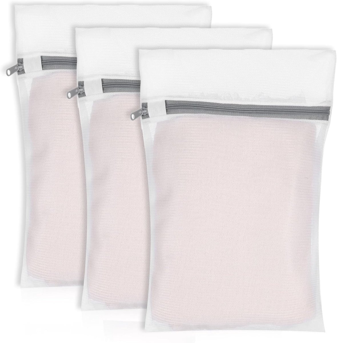 SnelShoppen - 3x Wasnetjes 30x40cm, Waszak voor Wasmachine, Waszak met Rits, Wit met Roze Accenten, Bescherming voor Kleding