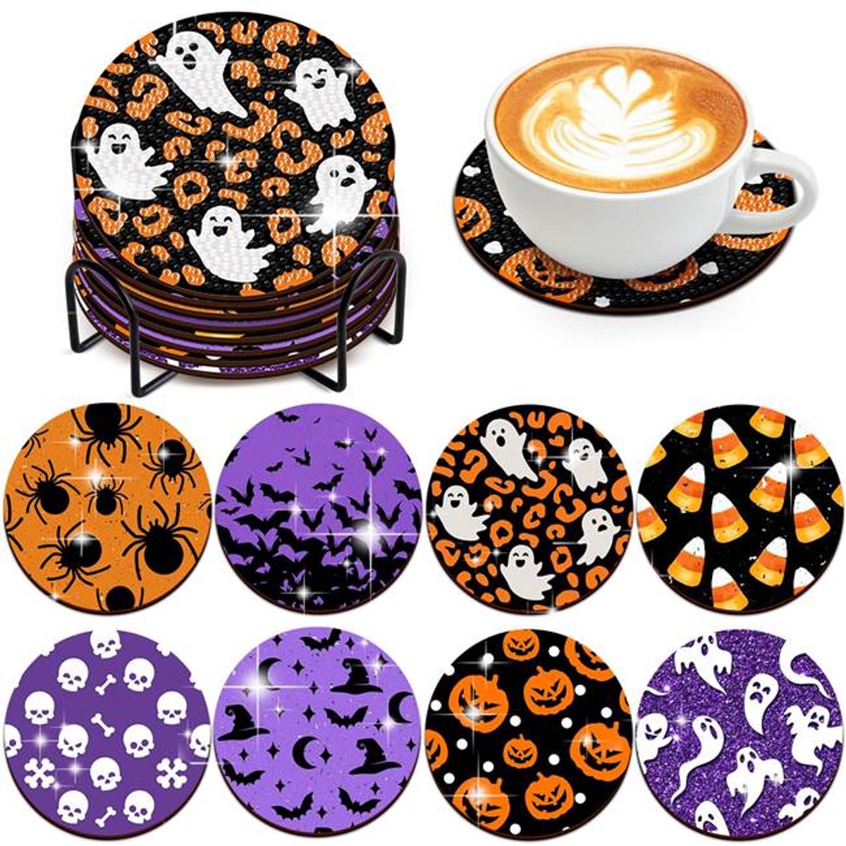 YYchan DIY Diamond Painting Onderzetters Set - 8 Stuks met Houder - Handgemaakt & Hittebestendig - Pakket Volwassenen en Kinderen - Halloween Spookjes