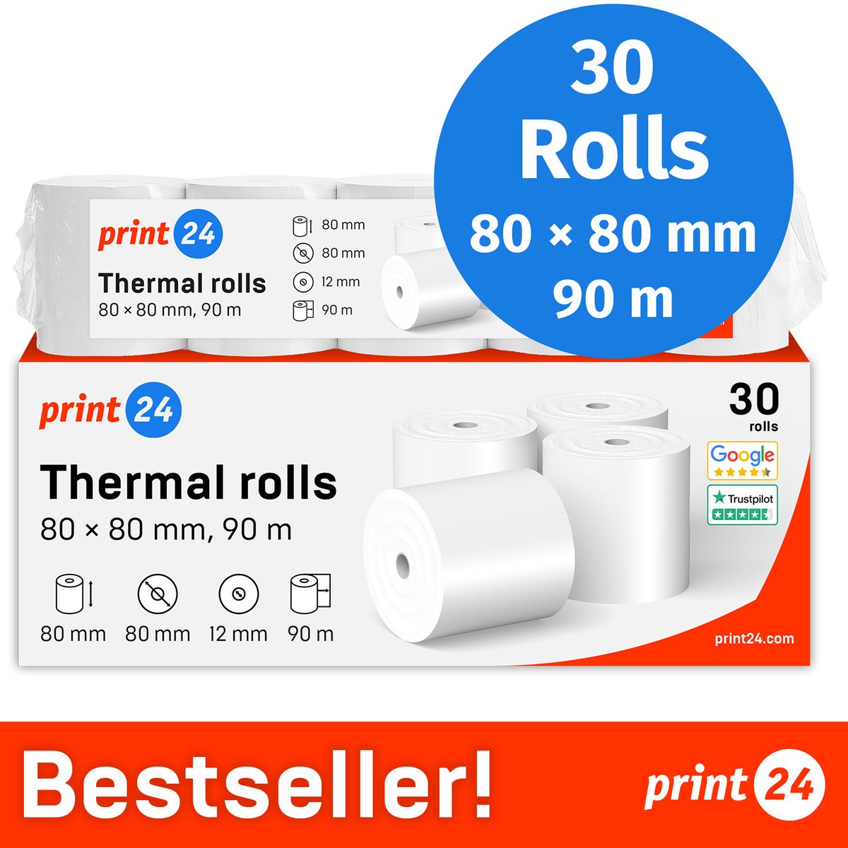 NIEUW: print24 Thermische Rollen / Kassarollen, 30 Rollen, 80mm x 80mm x 12mm, 90m, Testwinnaar, PEFC-gecertificeerd, BPA-vrij, voor EPSON, IBM e.a.