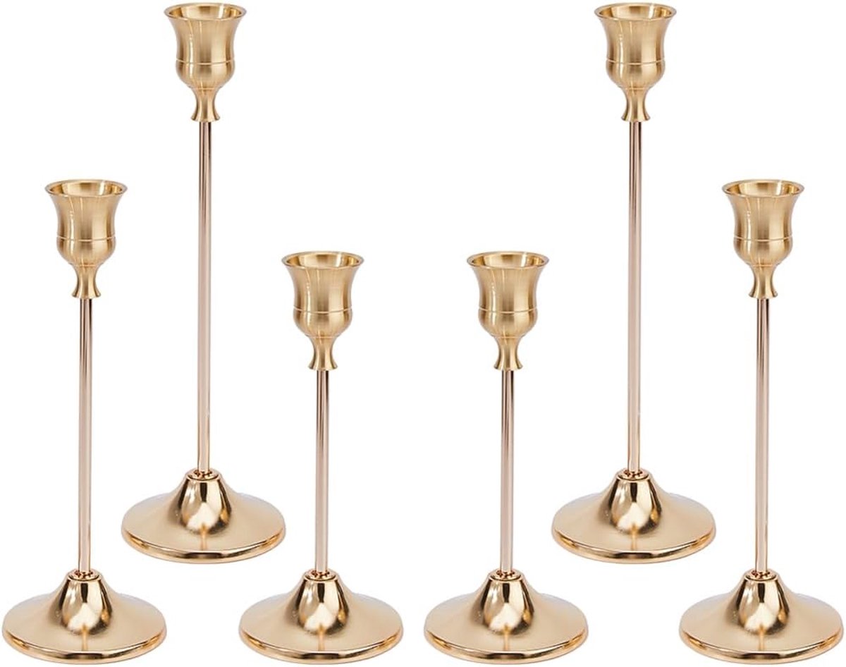 SnelShoppen - 6 Stuks Kaarsenhouders Aluminium Vlechtwerk Vintage Goud Tafel Decoratie voor Bruiloft Kerst Woonkamer Eetkamer