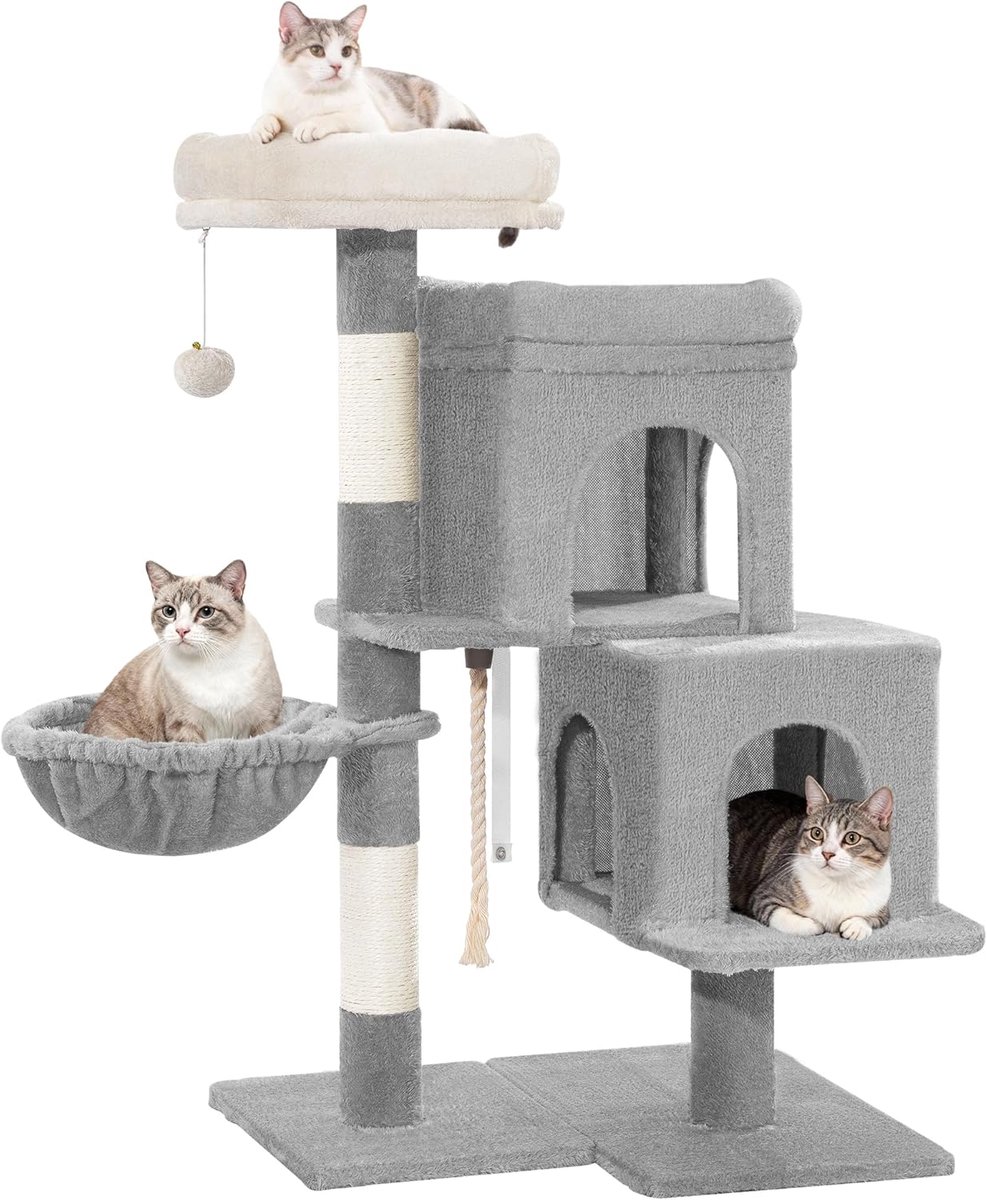 Hzuaneri Krabpaal, 95 cm, kleine krabpaal, ruim en stabiel, verstelbare voet, met groot zacht platform, pluche ballen, mandjes, krabpalen, kattenmand, sisaltouw, lichtgrijs