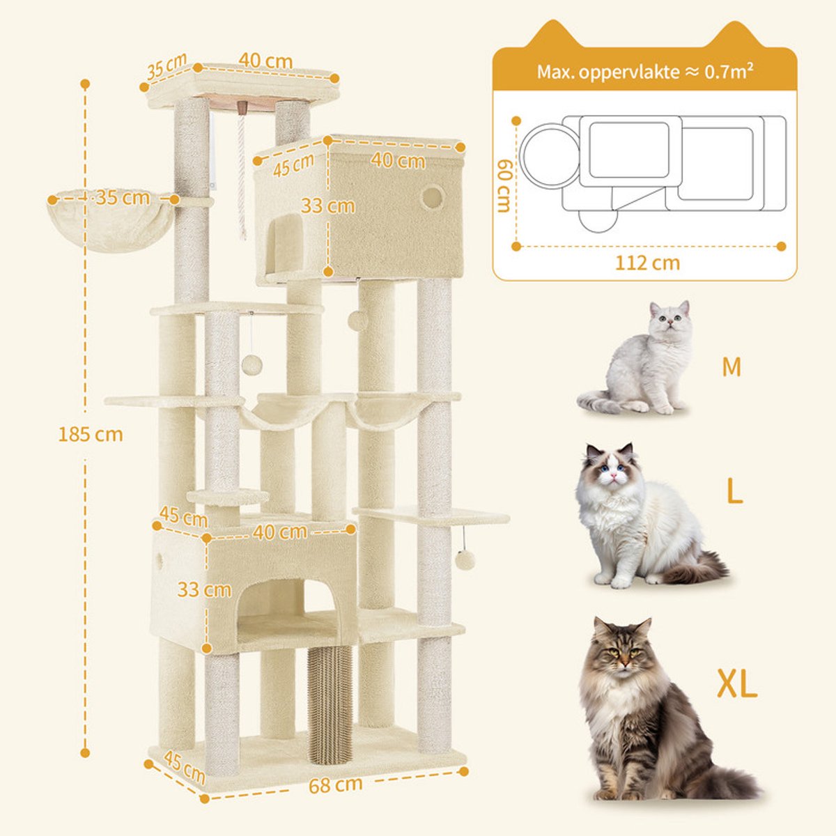 Hzuaneri Krabpaal, 185 cm XL Krabpaal met 10 krabpalen, 2 holen, 2 hangmatten, groot platform, kattenborstels, mandje, robuuste krabpaal voor Maine Coons en grote katten, beige thumbnail 4