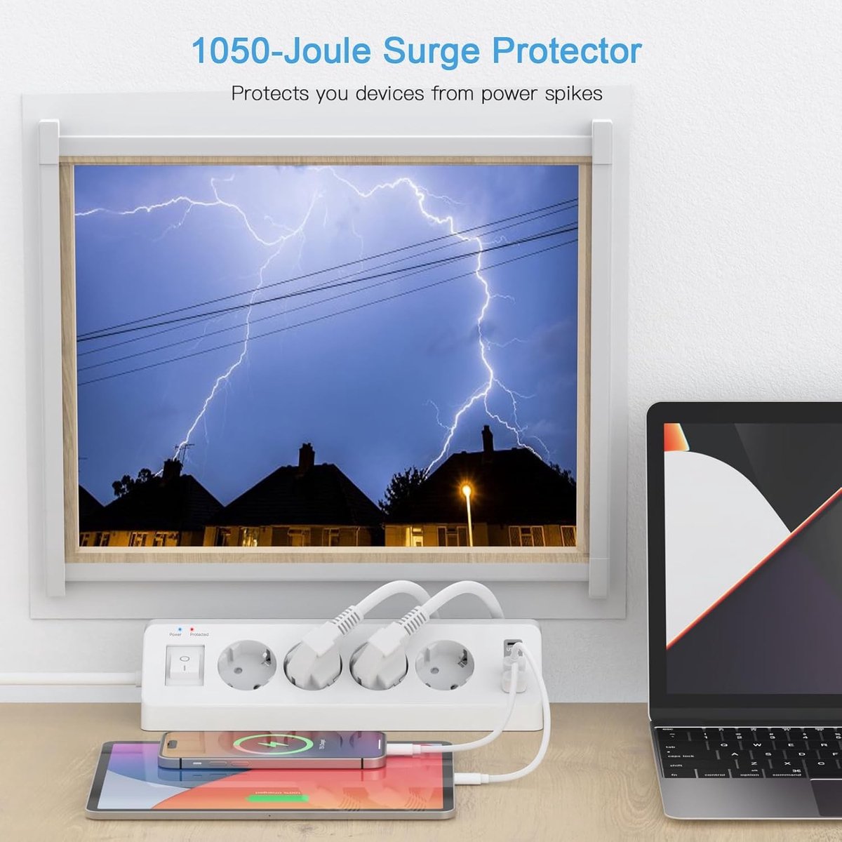 Stekkerdoos met USB-C - Wit - 3 m - Hoekstopcontact met Schakelaar en Overspanningsbeveiliging - Voor Thuis of op het Buro