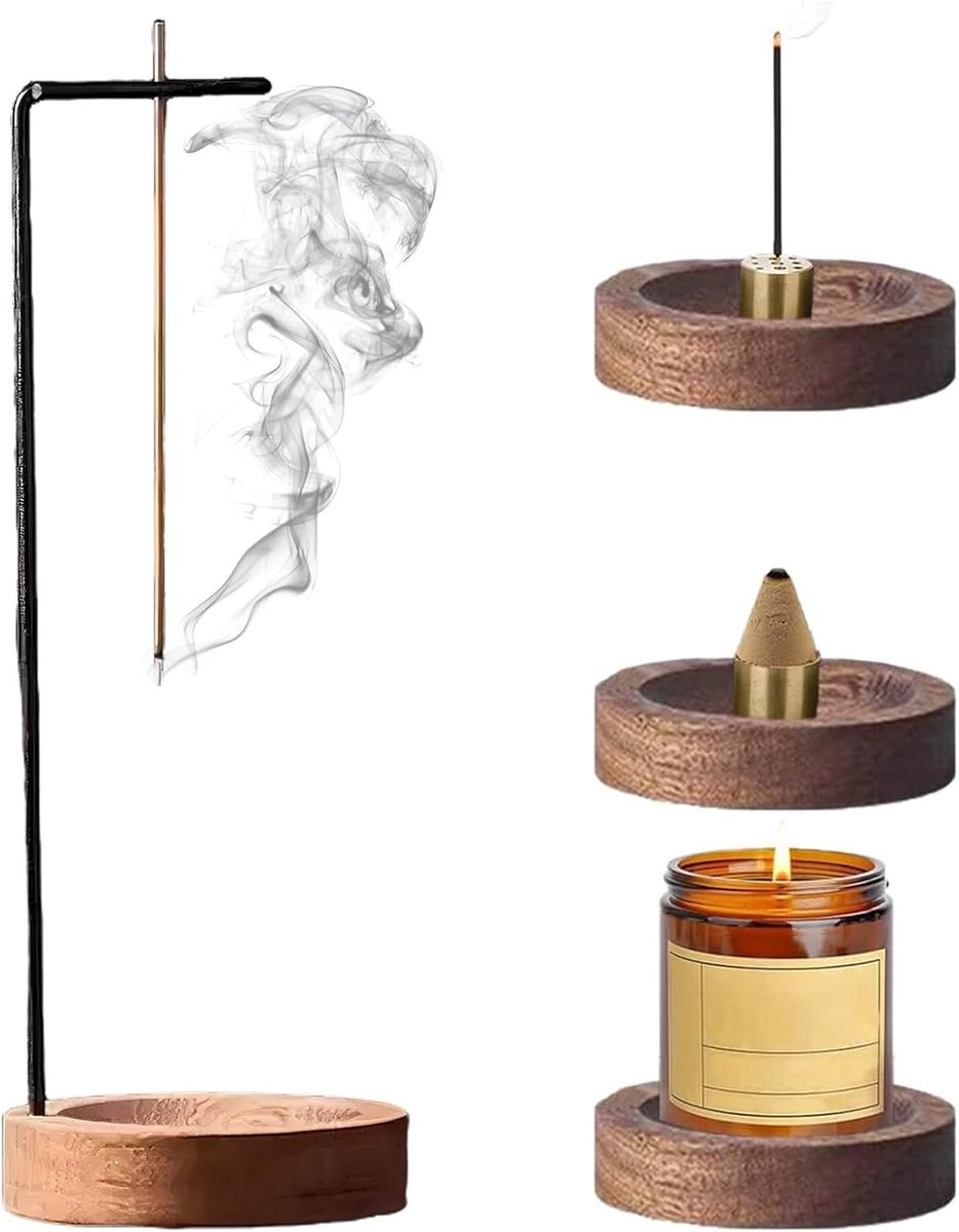 Walnoot Houten Wierookhouder met Glazen Fles, Compacte Aromabrenner voor Meditatie en Ontspanning, Inclusief Asopvang, Bruin Design, 1 Stuk
