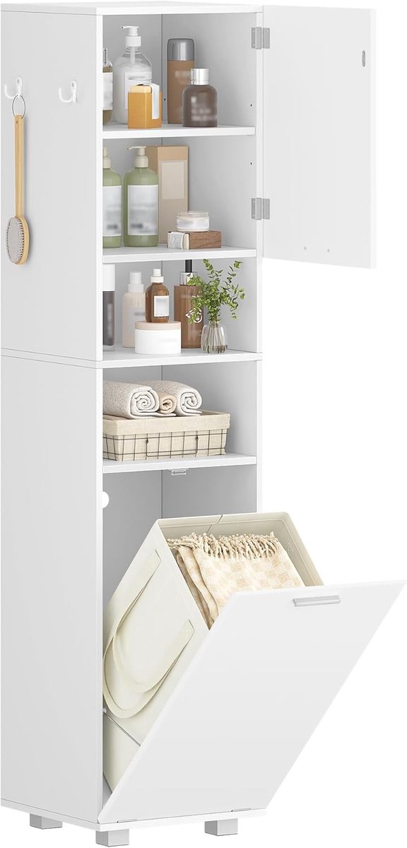 Hzuaneri mit Wäschekorb, Badschrank Hochschrank,170 cm, Weiß