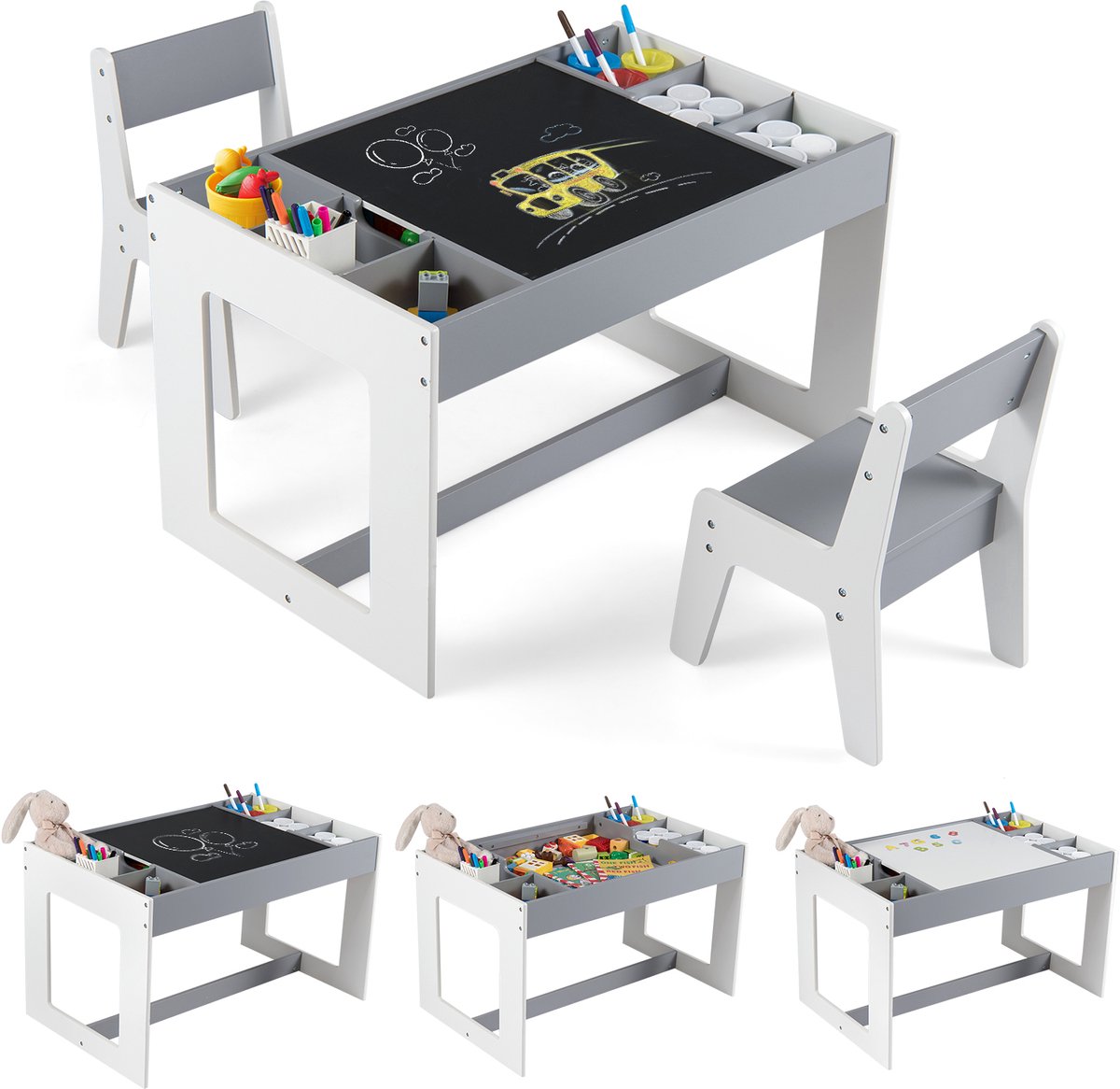 COSTWAY 3-in-1 kindertafel met 2 stoelen, kinderzitgroep met opbergruimte, kindertafelstoelset met omkeerbaar tafelblad en afneembare scheidingswanden, knutseltafel, schildertafel voor kinderen vanaf