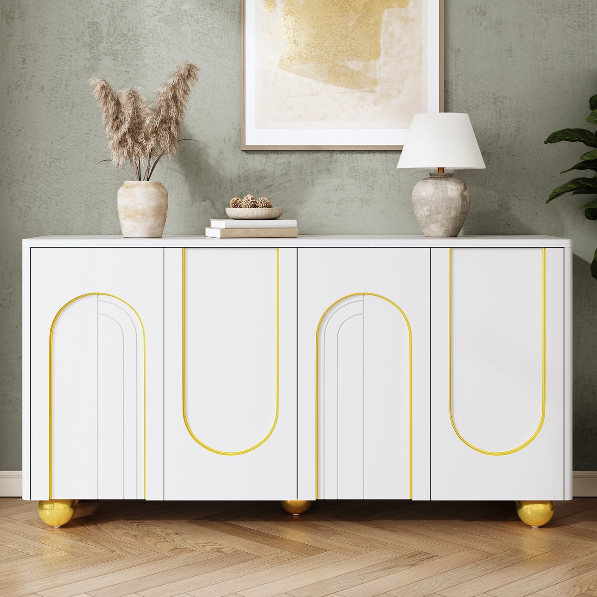 VVBV Dressoir - 140 x 40 x 74 cm, Wit, met 4 Deuren, Metalen Poten, MDF & Spaanplaat, Veel Opbergruimte