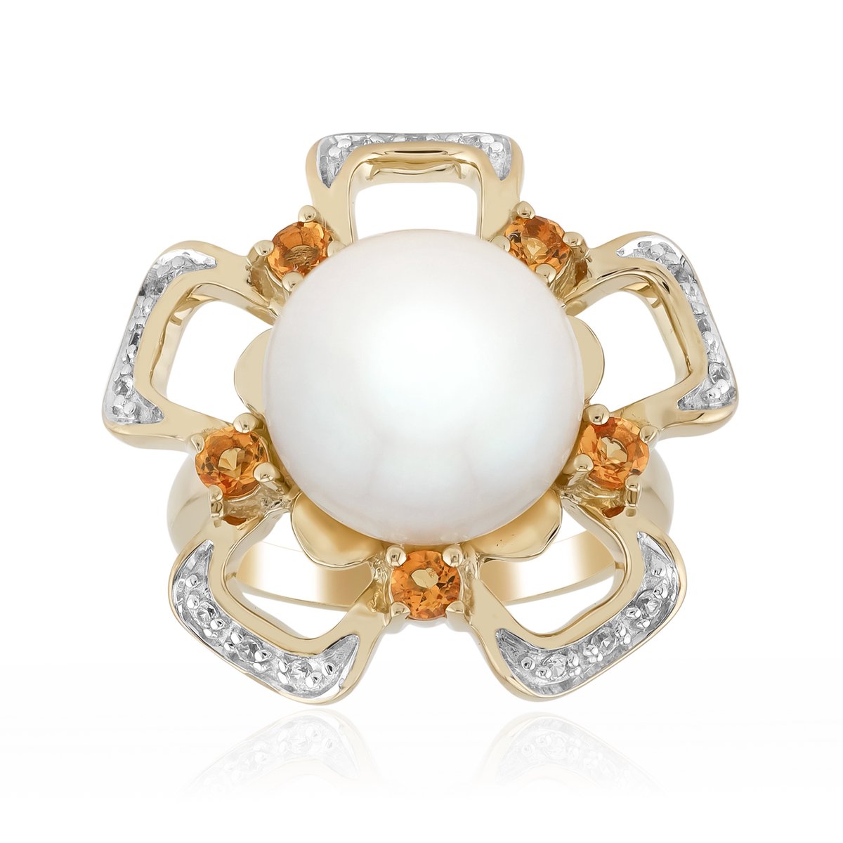 Cavill - Luxe Zilveren Ring met Witte Zoetwaterparel en Citrien - 925 Sterling Zilver Verguld - Elegante Ronde Damesring met Zirkonia