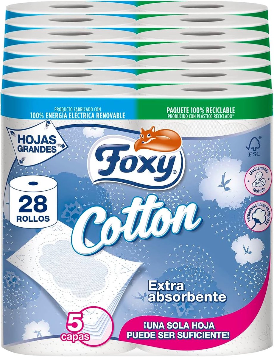 SnelShoppen - Foxy Cotton Toiletpapier, 28 Rollen, Zacht en Sterk, Duurzaam Katoen, Ideaal voor Thuisgebruik, Gezinnen, Badkamer, Keuken