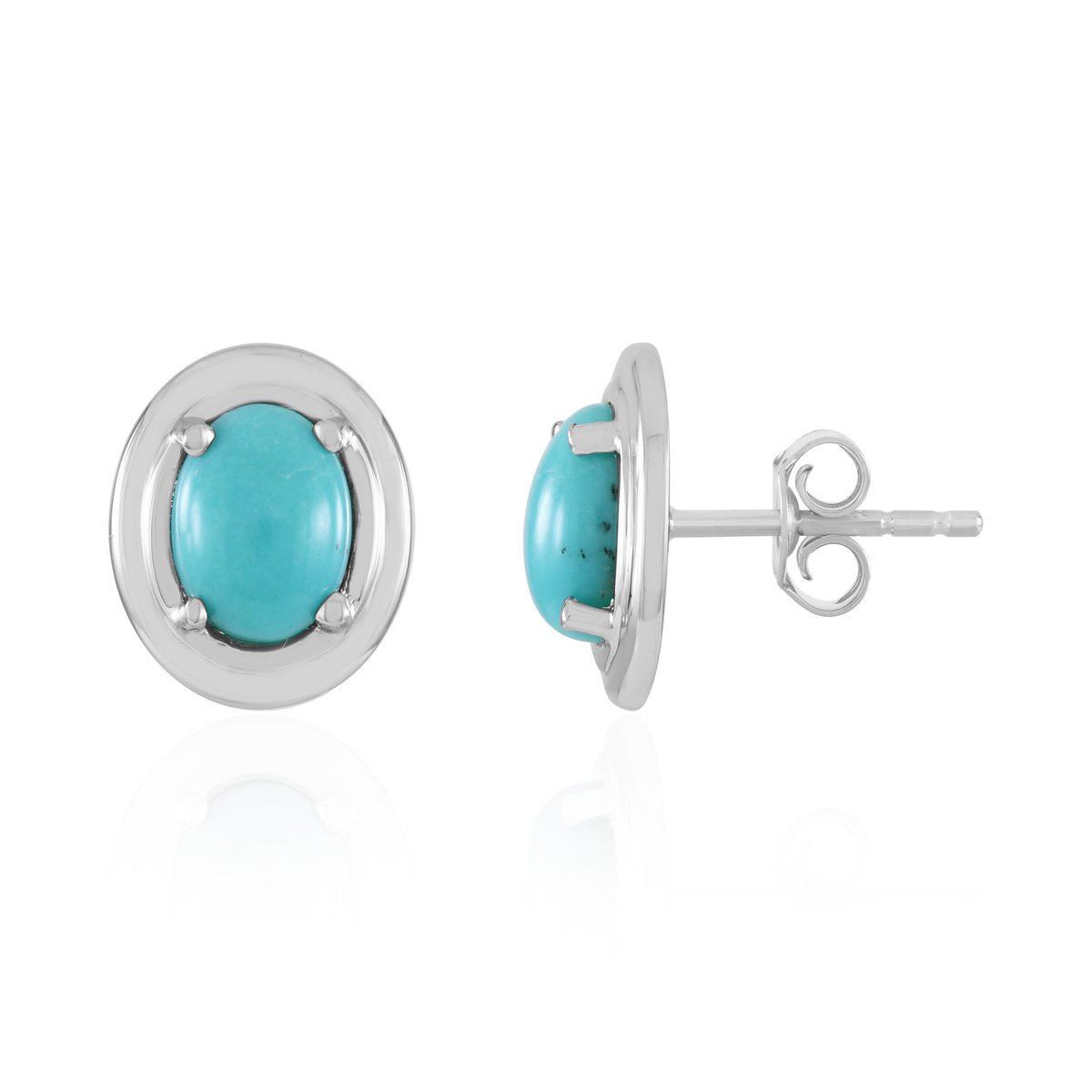 Cavill - Zilveren Oorbellen met 2,18 ct Campitos Turkoois - 925 Sterling Zilver - Platina-Geplateerd - Ovale Cabochon Oorknopjes - Mexicaanse Turkoois