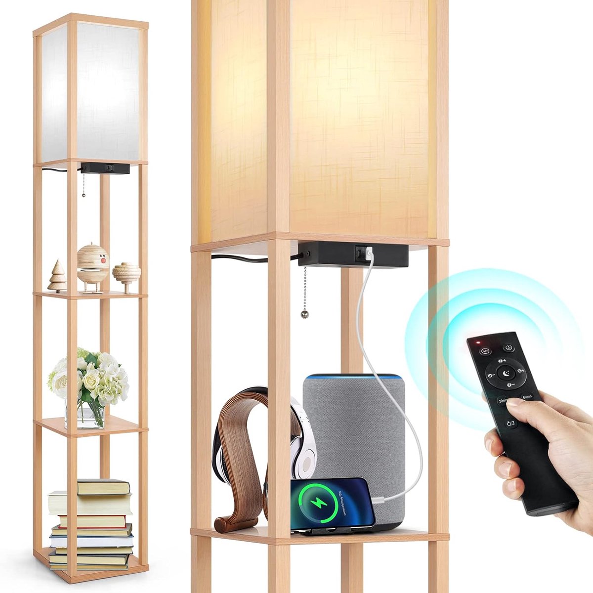 Home & Beyond® Vloerlamp met Planken, Afstandsbediening, USB en Type-C - Dimbare LED-Lamp - Bamboe - 26 x 26 x 160 cm