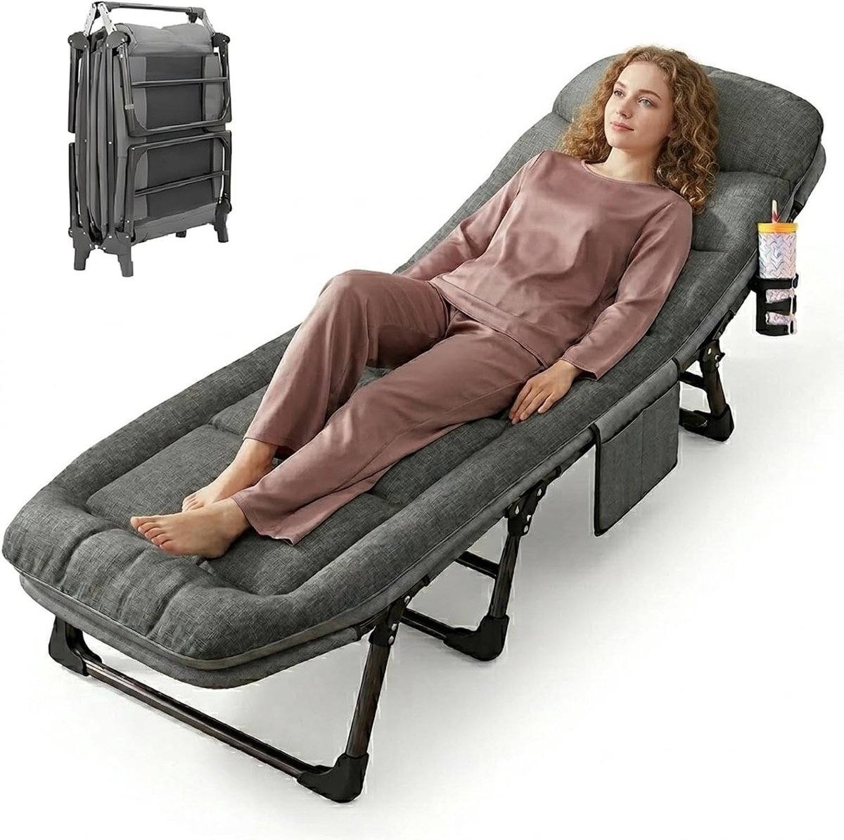 Opklapbed - Grijs - 190 x 66 x 30 cm - Luxe Veldbed met Bekerhouder - Voor Kamperen en Logeerkamer