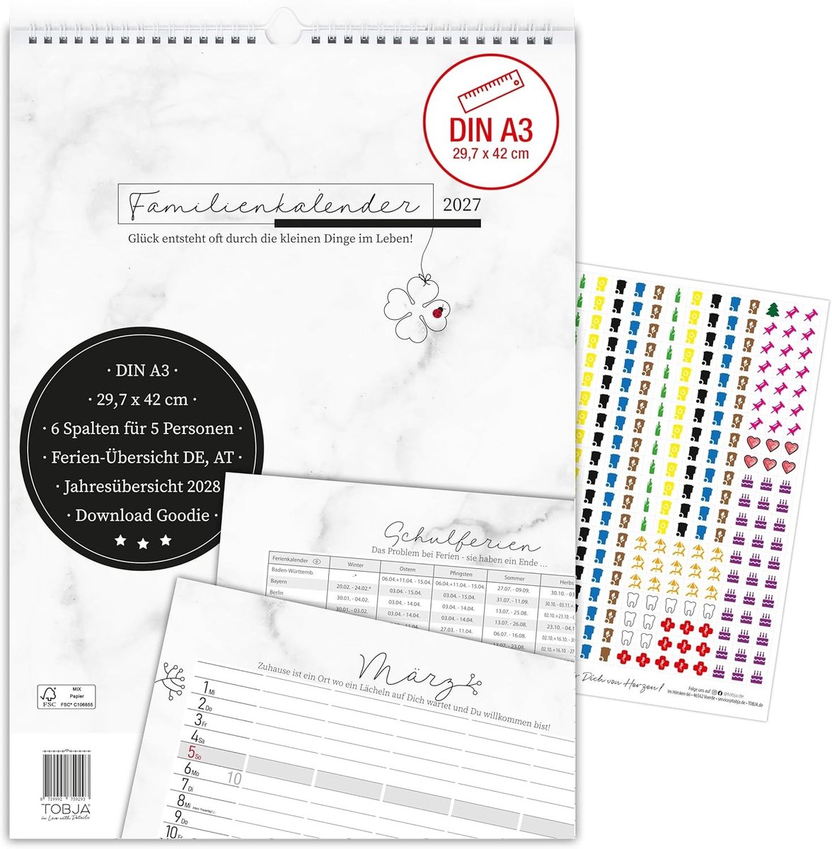 Familiekalender 2024 - Marmer - A3 - Wandkalender met 6 Kolommen en 300 Stickers - Voor Gezinnen