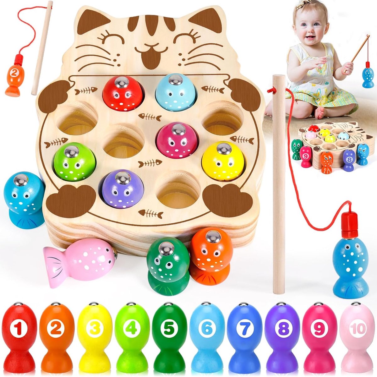 visspel, kinderspellen 2 jaar oud, Montessori-spellen, houten speelgoedvisspel, magnetische kinderspellen, jongensmeisje cadeau, kinderspellen cadeau 2-5 jaar oud
