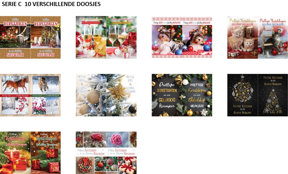 Kerstaanbieding: 60 kerstdoosjes budget met 10 kaarten en enveloppen serie C