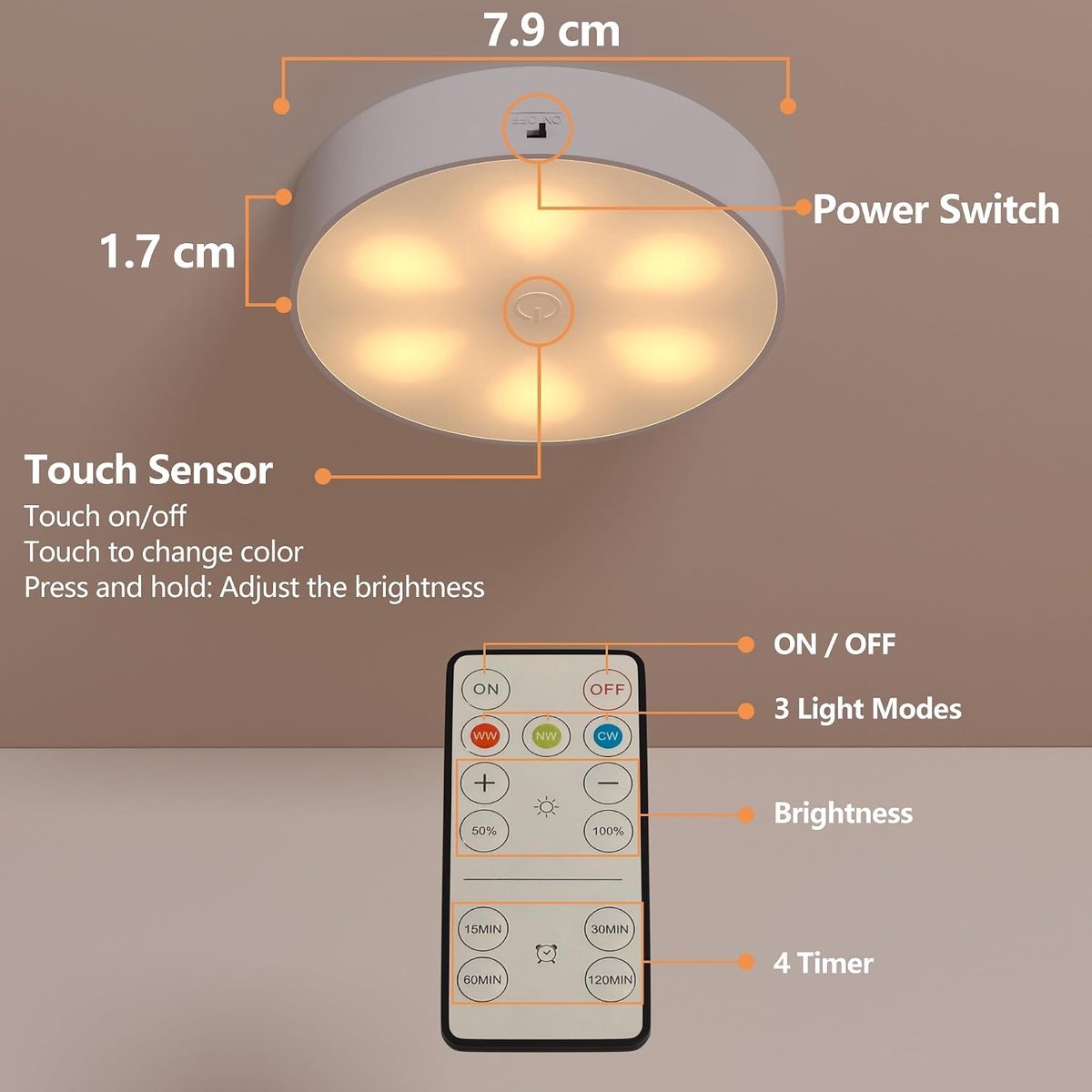 Set van 3 LED-onderbouwlampen - Wit - ⌀7,9 cm - Dimbaar en Oplaadbaar met Touch-Sensor - Voor Kasten en Vitrines
