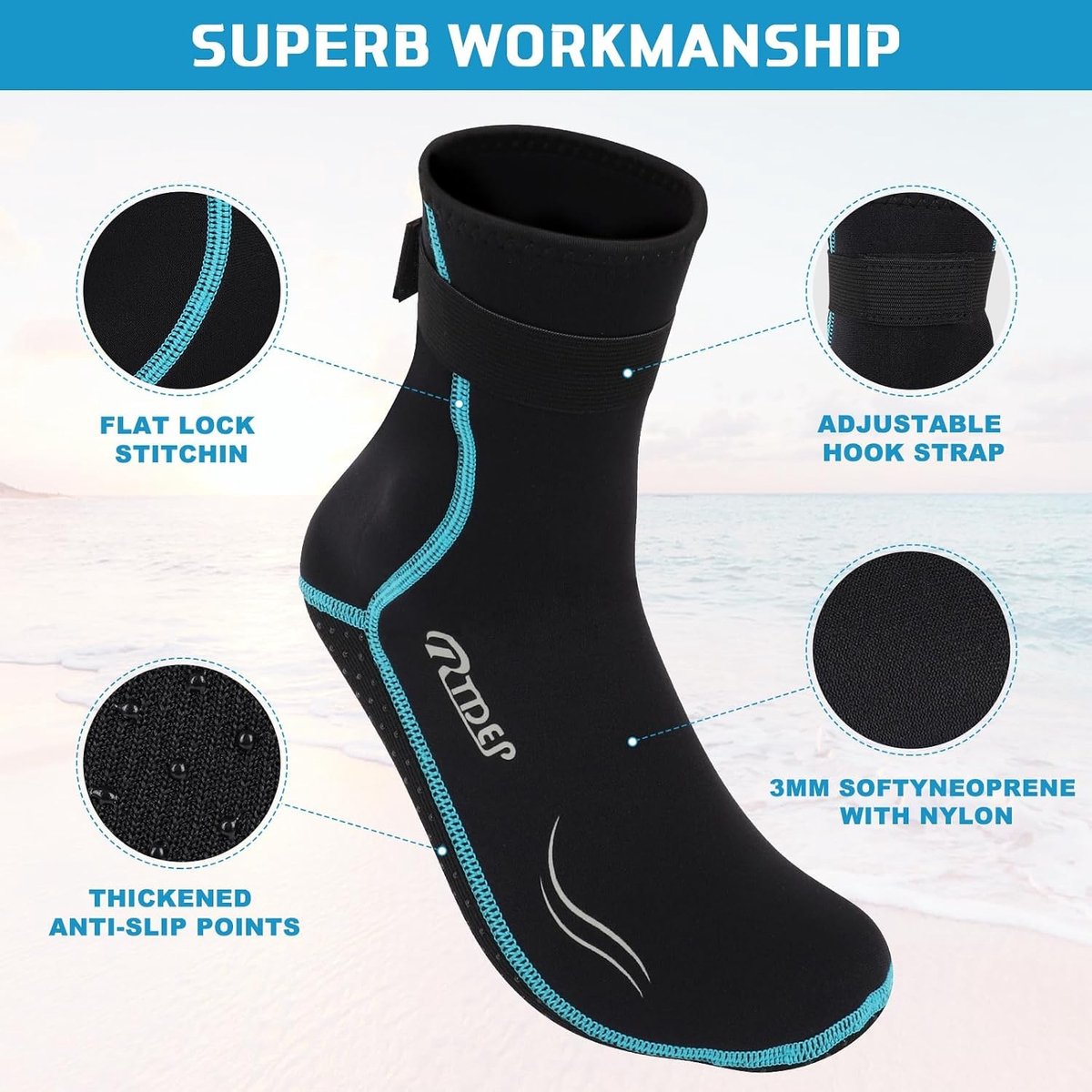 Neopreen Sokken - Aquablauw/Hoge Snit - Maat S - Thermische Watersokken voor Dames en Heren