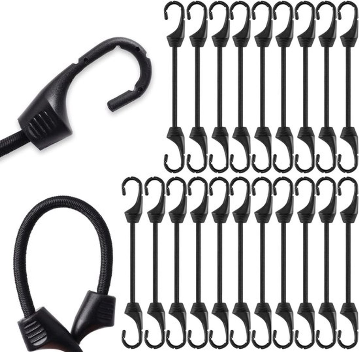 Set van 20 Elastische Touwen met Haken, 10 cm, Zwart, Multifunctioneel Rubber voor Camping, Zeilen en Bagagebevestiging