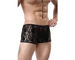 Zwarte Transparante Kanten Boxershort voor Heren in Maten XS S M L XL Comfortabele Herenondergoed met Elegant Kantwerk